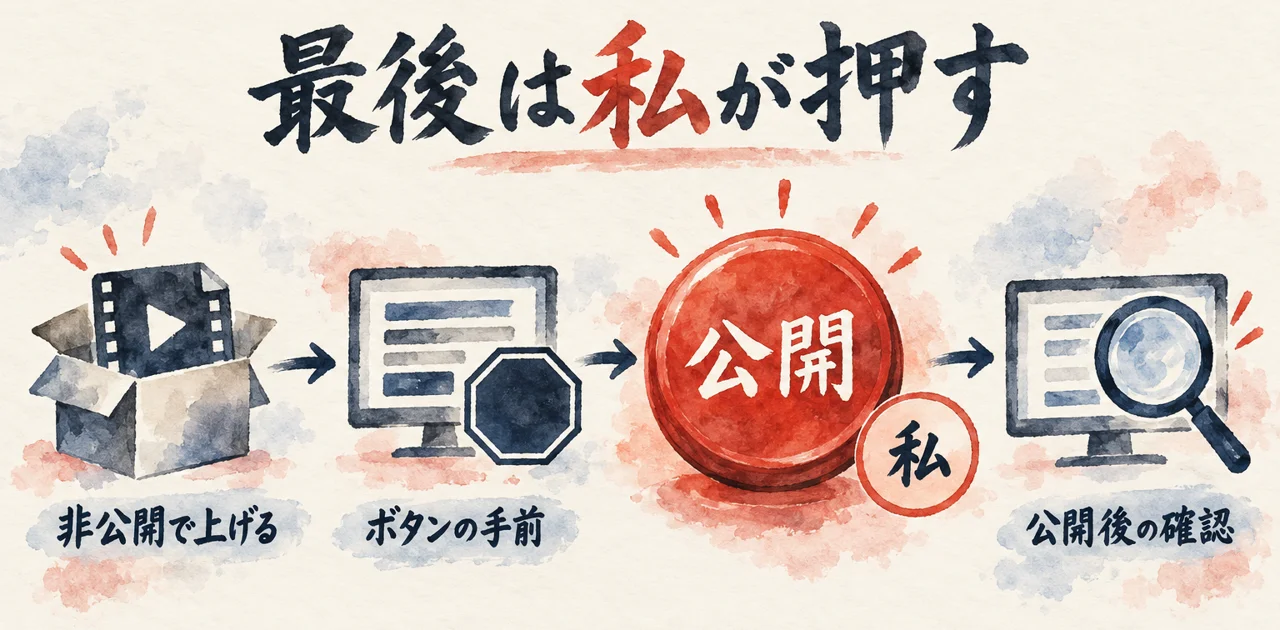 非公開で上げ、投稿ボタンの手前で止め、公開のボタンだけ私が押し、公開後に確認する流れを示した図解