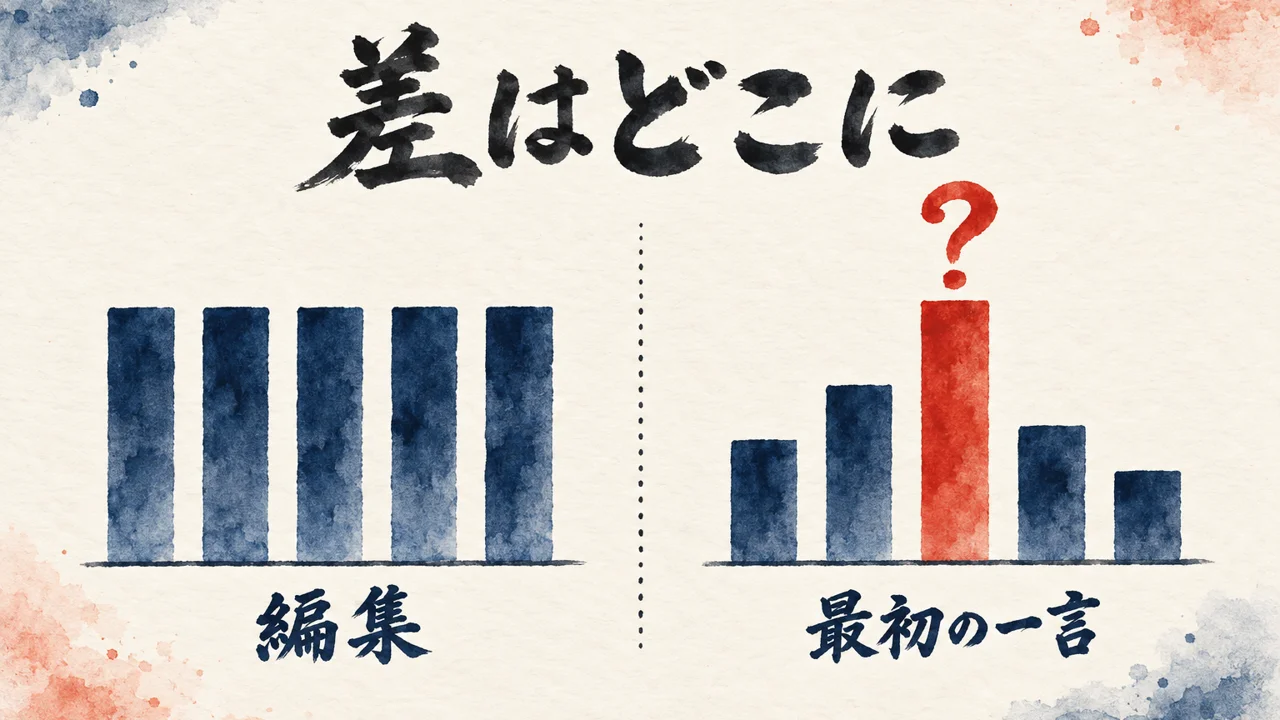 編集の水準が揃う棒と、最初の一言で高さが違う棒を並べ、差はどこに出るかを問う図解