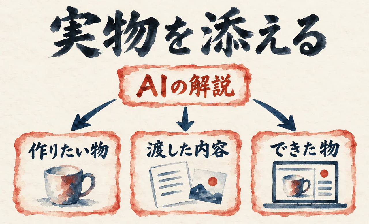 AIの解説に、作りたい物、渡した内容、できた物の3つを添えることを示した図解