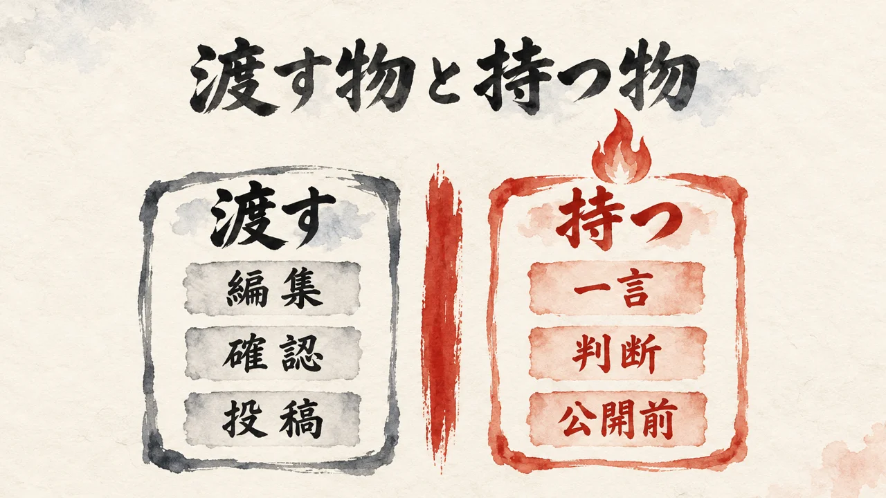 AIに渡す編集・確認・投稿と、私が持つ一言・判断・公開前を左右に並べた図解
