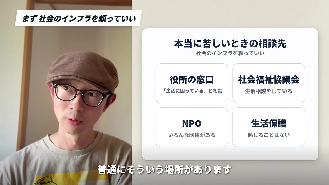 動画キャプチャ: 「本当に苦しいときの相談先」の図。役所の窓口・社会福祉協議会・NPO・生活保護の4つの枠が並ぶ（3:57頃）