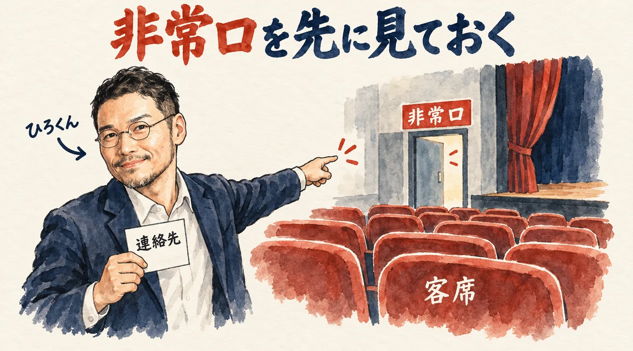 ひろくんが笑顔で、客席の奥の「非常口」の扉を右手で指さす図解。手元には「連絡先」と書いた小さな紙があり、手前に「客席」が並んでいる