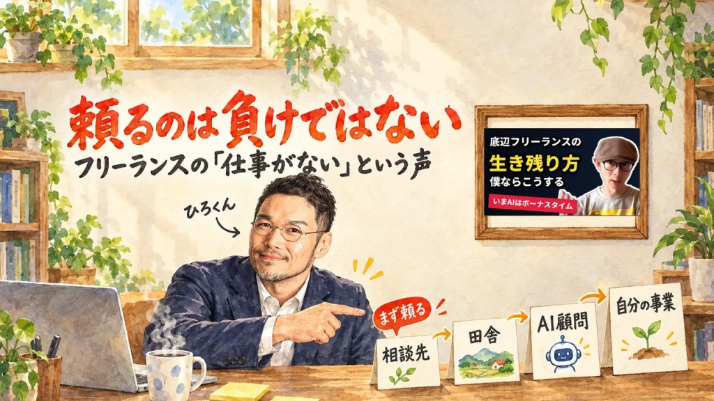 ひろくんが机の前で、「相談先」「田舎」「AI顧問」「自分の事業」の4枚の札を指さすアイキャッチ。朱色の「まず頼る」の札が1枚目の脇にあり、右上の額縁に元動画のサムネイルが入っている。題字は「頼るのは負けではない」と「フリーランスの「仕事がない」という声」