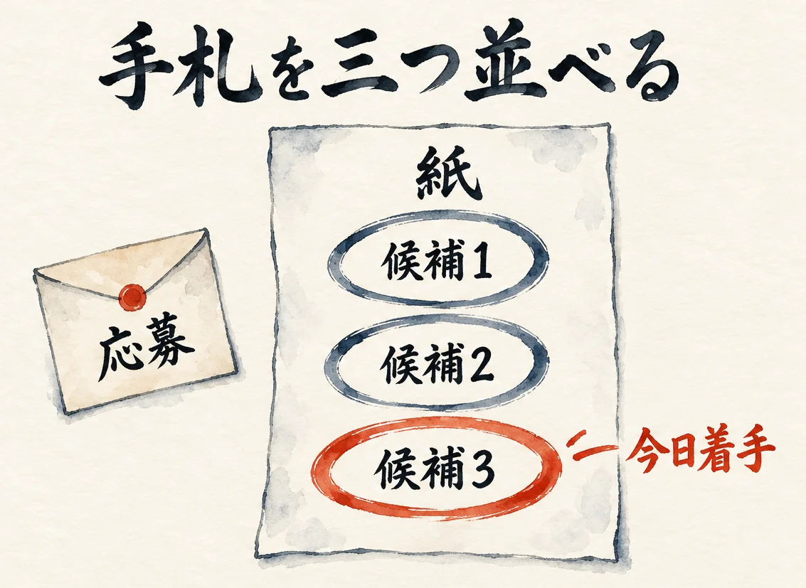 「紙」の上に「候補1」「候補2」「候補3」の3つの丸囲みが並び、3つ目に朱色の「今日着手」の丸がある図解。紙の左に、別に置かれた「応募」の封筒がある