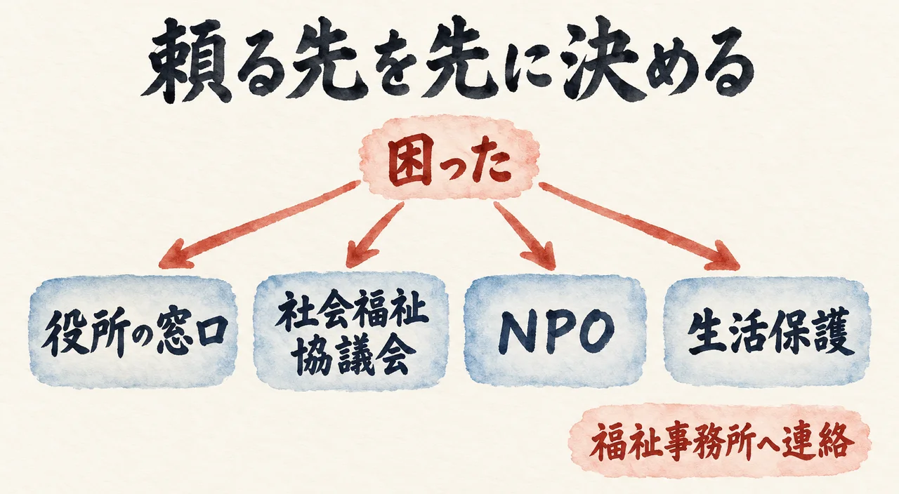 「困った」の札から矢印が4つの箱「役所の窓口」「社会福祉協議会」「NPO」「生活保護」へ伸びる図解。右下に朱色の「福祉事務所へ連絡」の札がある