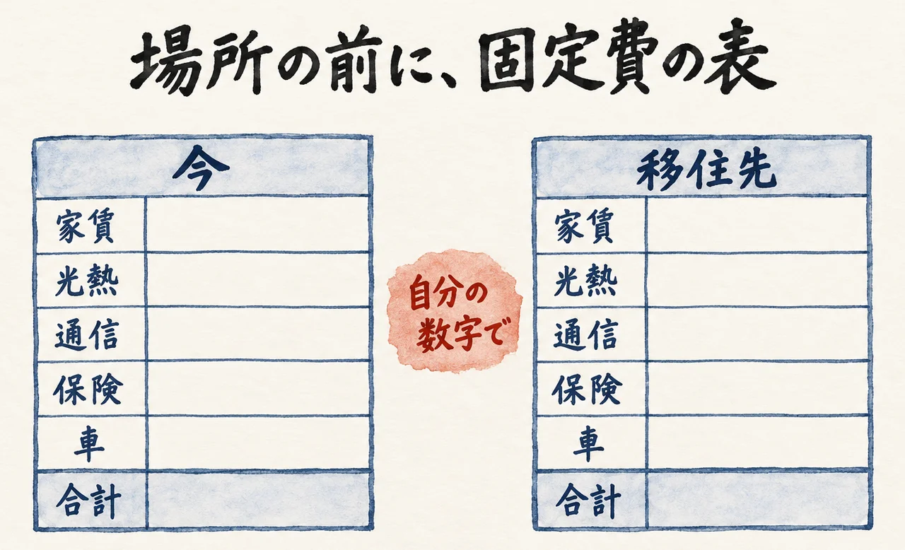 「今」と「移住先」の2つの空欄の表。どちらにも「家賃」「光熱」「通信」「保険」「車」「合計」の行があり、間に朱色の「自分の数字で」の札がある図解