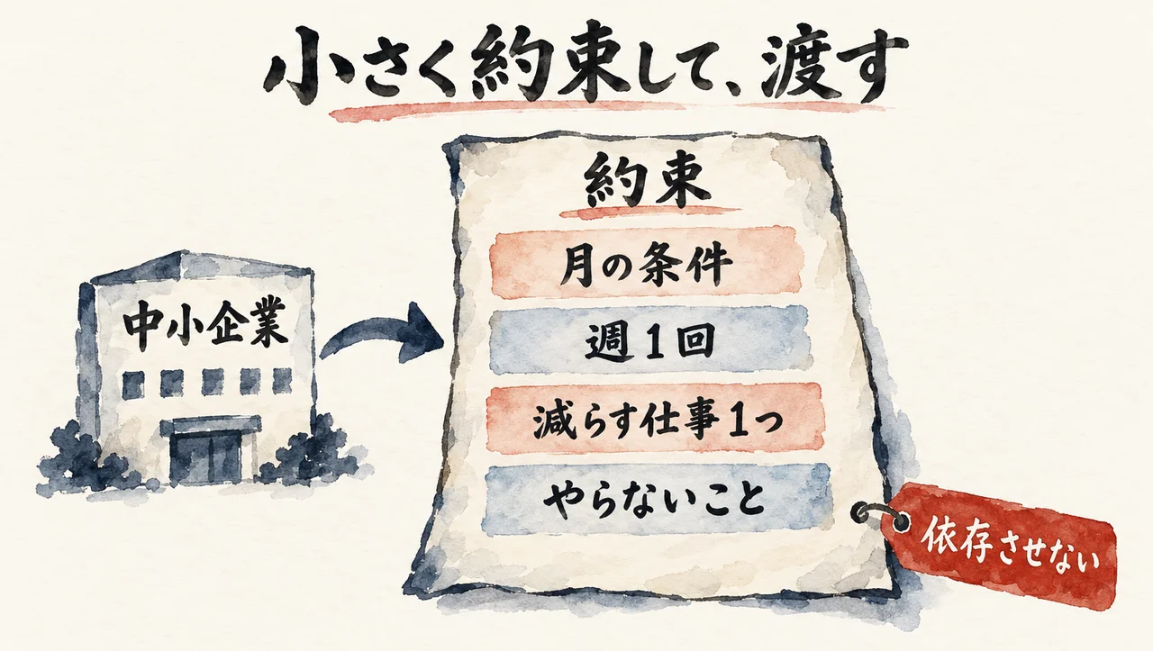 「中小企業」の建物から矢印が「約束」の紙へ届く図解。紙には「月の条件」「週1回」「減らす仕事1つ」「やらないこと」の4行があり、右下に朱色の「依存させない」の札がある