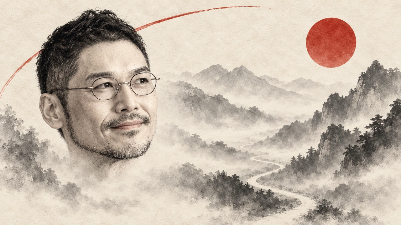 霧の中から私の顔と首だけが現れ、右の山並みと朱色の太陽、谷あいをうねって奥へ続く一本の細い道を見つめるポートレート画像（AI生成。実際の服装や場面を示すものではありません）