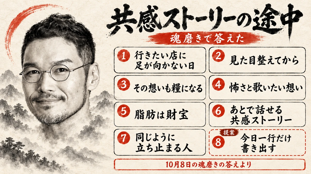 霧の山並みの中に私の顔と首が現れ、右に記事の8章を番号付きのカードで並べた整理図（AI生成。実際の服装や場面を示すものではありません）。題は「共感ストーリーの途中」「魂磨きで答えた」。カードは「行きたい店に足が向かない日」「見た目整えてから」「その想いも糧になる」「怖さと歌いたい想い」「脂肪は財宝」「あとで話せる共感ストーリー」「同じように立ち止まる人」「今日一行だけ書き出す（提案）」の順で、下の帯は「10月8日の魂磨きの答えより」