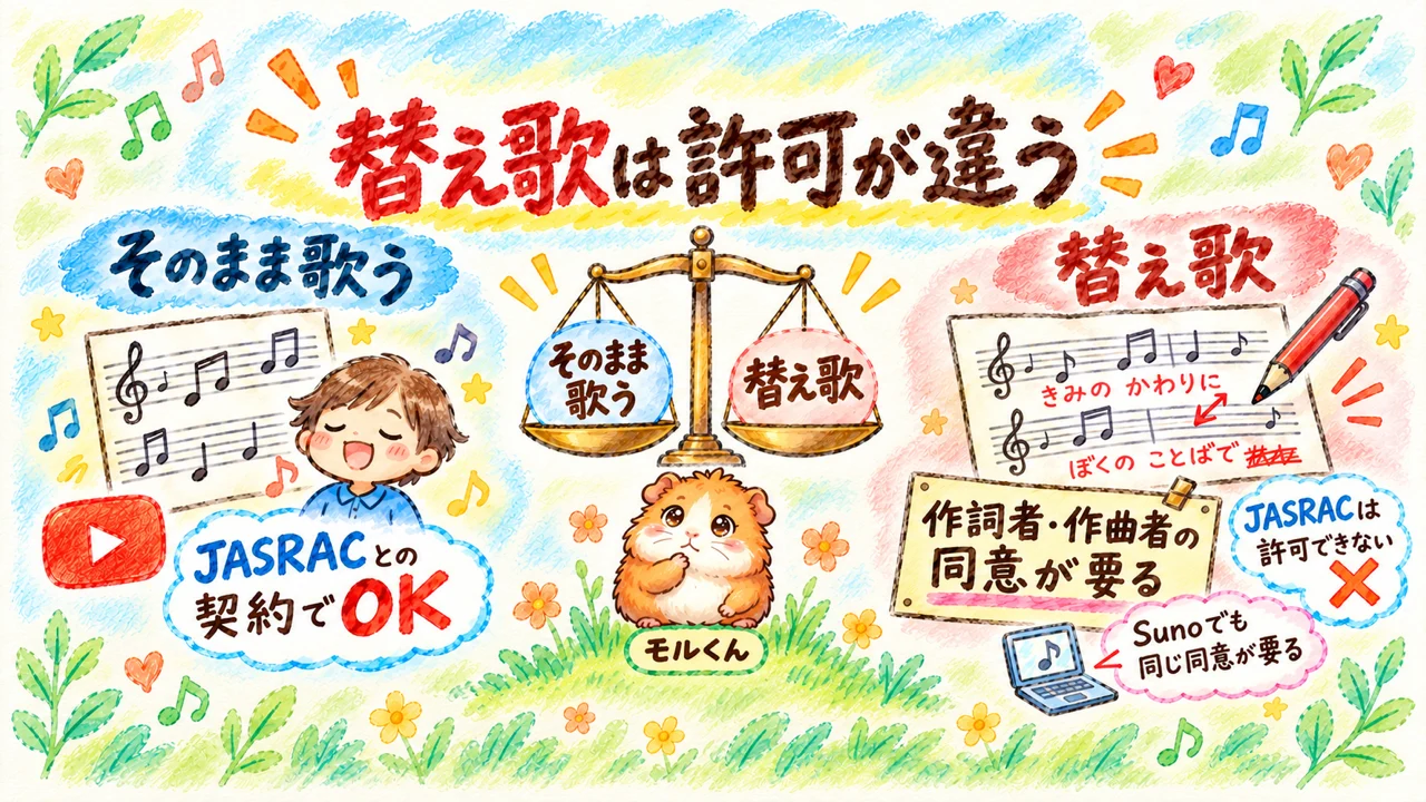 替え歌は許可が違う。そのまま歌うのはJASRAC契約でOK、替え歌は作詞者・作曲者の同意が要る