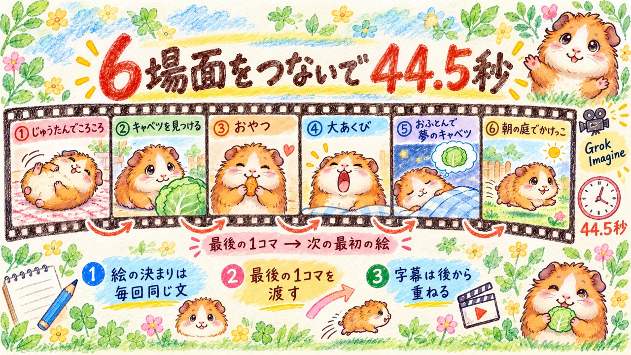 Grok Imagineで6場面を作り44.5秒につなぐ