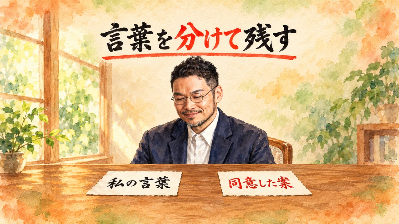イラスト：丸いメガネとひげの私が机に座り、「私の言葉」と「同意した案」と書かれた二枚のメモ紙を見ている
