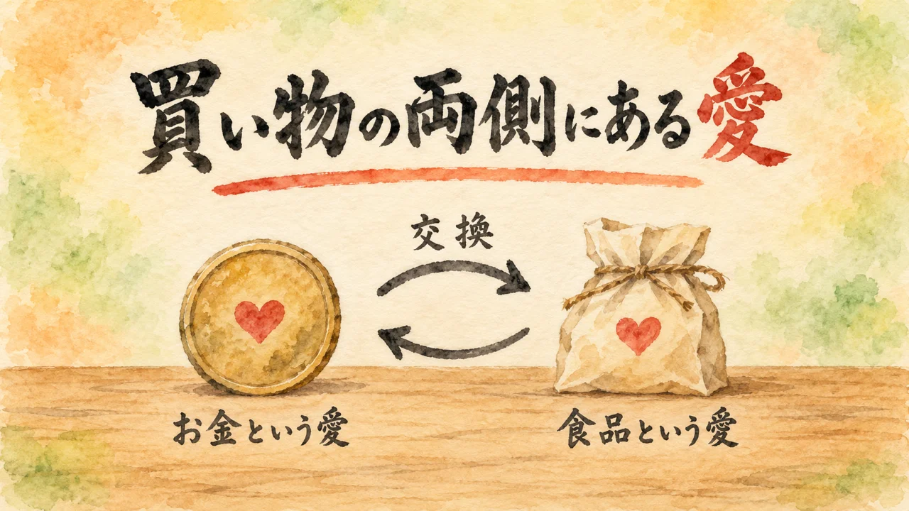 イラスト：左にハートが入ったコイン「お金という愛」、右にハートが入った小袋「食品という愛」。二つのあいだを「交換」の二本の矢印が結んでいる