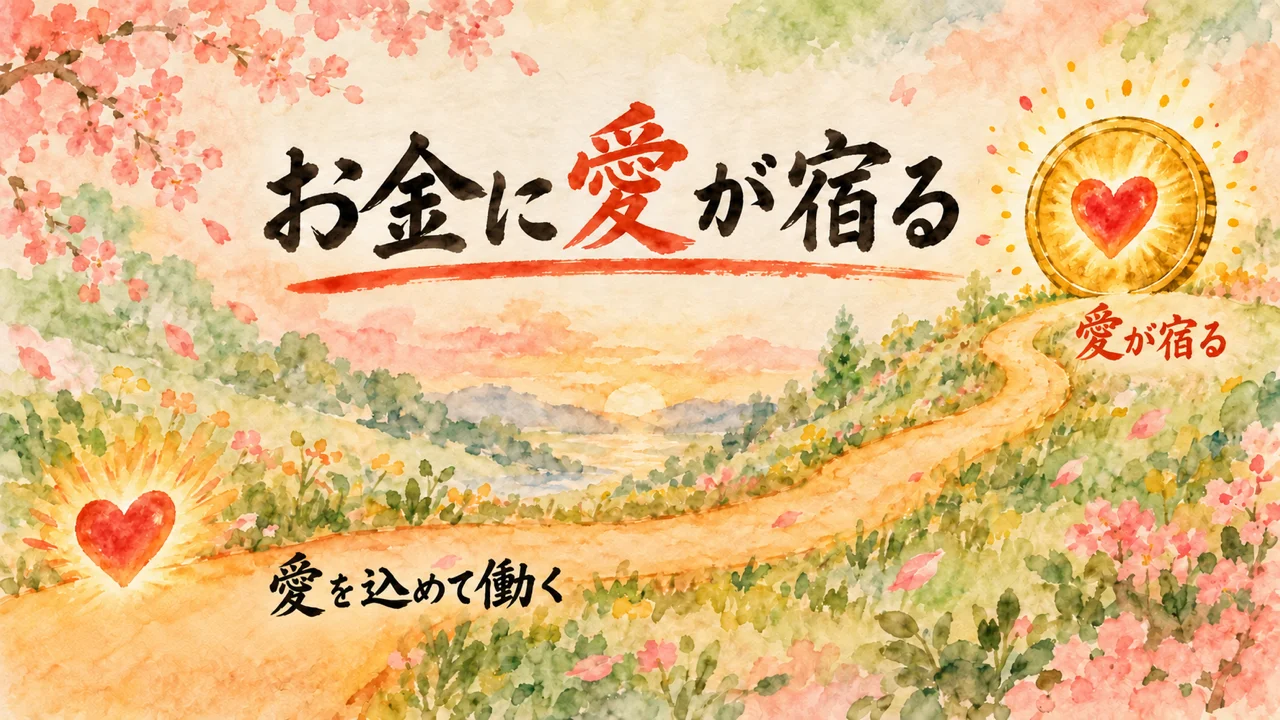 イラスト：「愛を込めて働く」と書かれた光るハートから道が伸び、道の先にハートが入った大きなコイン。コインのそばに「愛が宿る」と書かれている