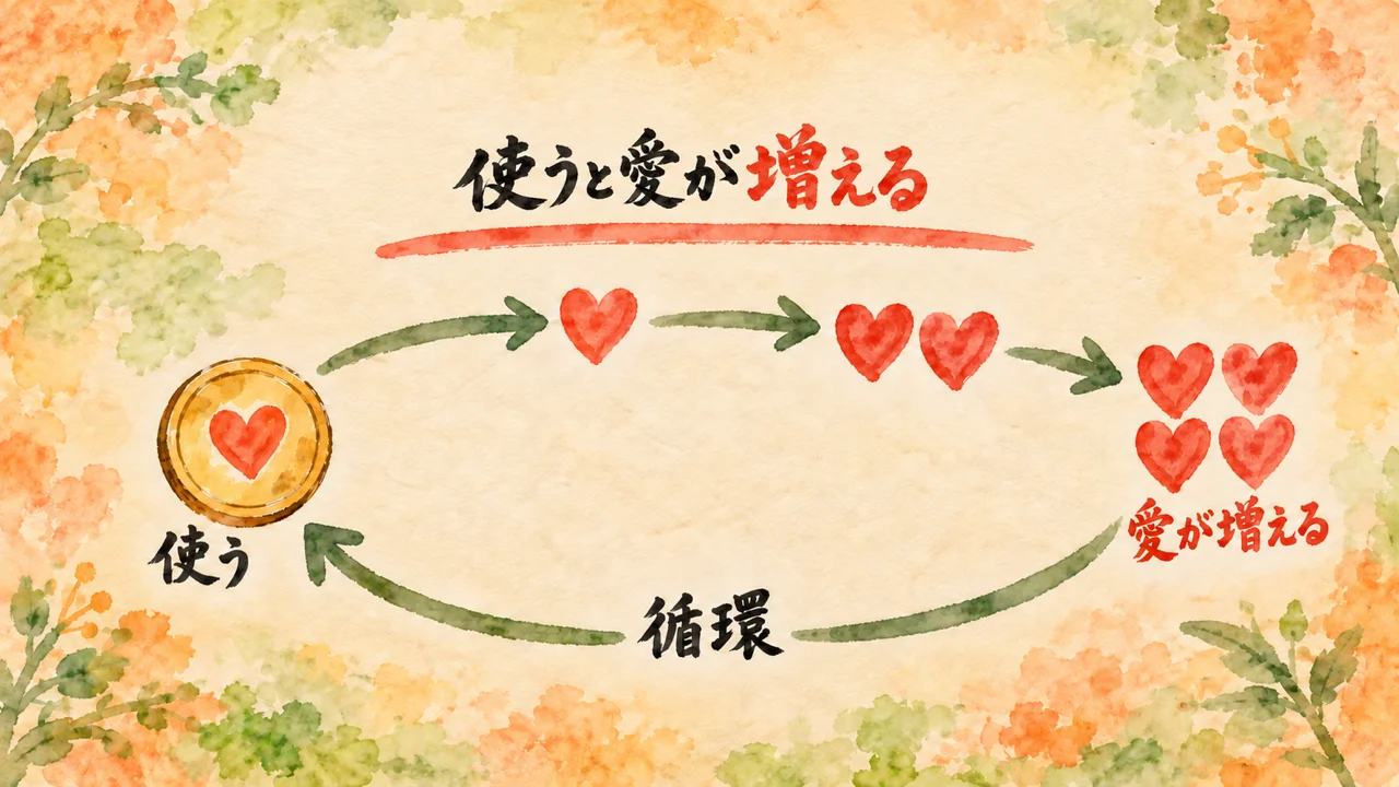 イラスト：ハートが入ったコイン「使う」から矢印が伸び、ハートが一つ、二つ、四つと増えて「愛が増える」へ。矢印は輪になって戻り、「循環」と書かれている