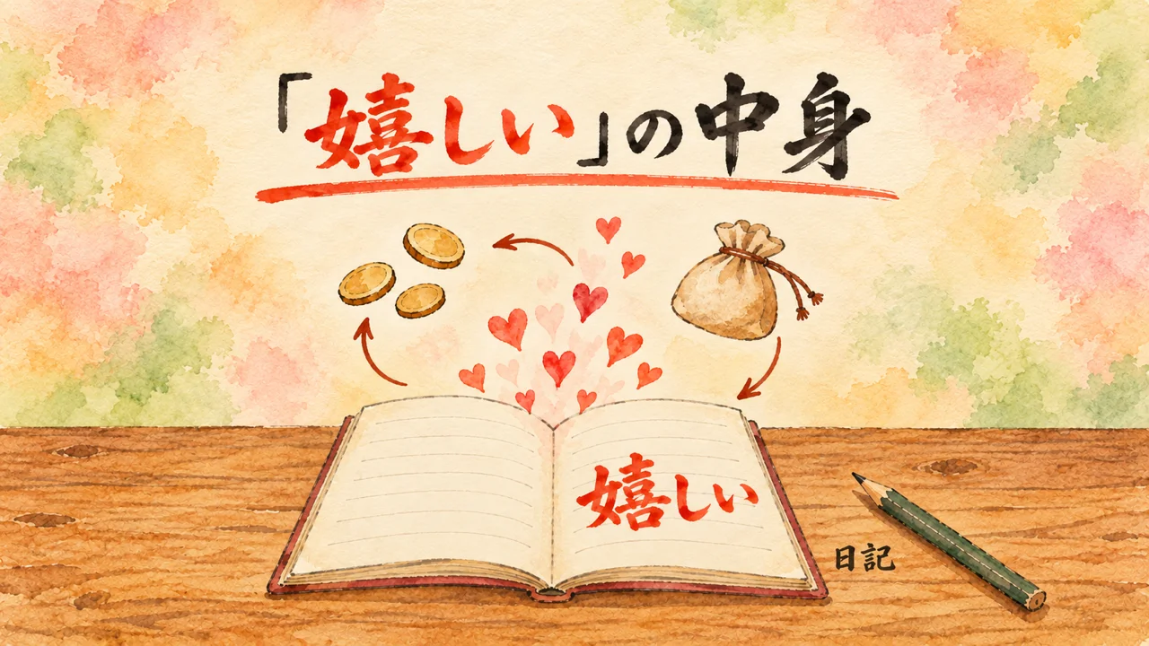 イラスト：開いた日記帳の右ページに「嬉しい」の文字。日記帳からハートが立ちのぼり、コインと小袋のまわりを矢印が輪になって日記帳へ戻る