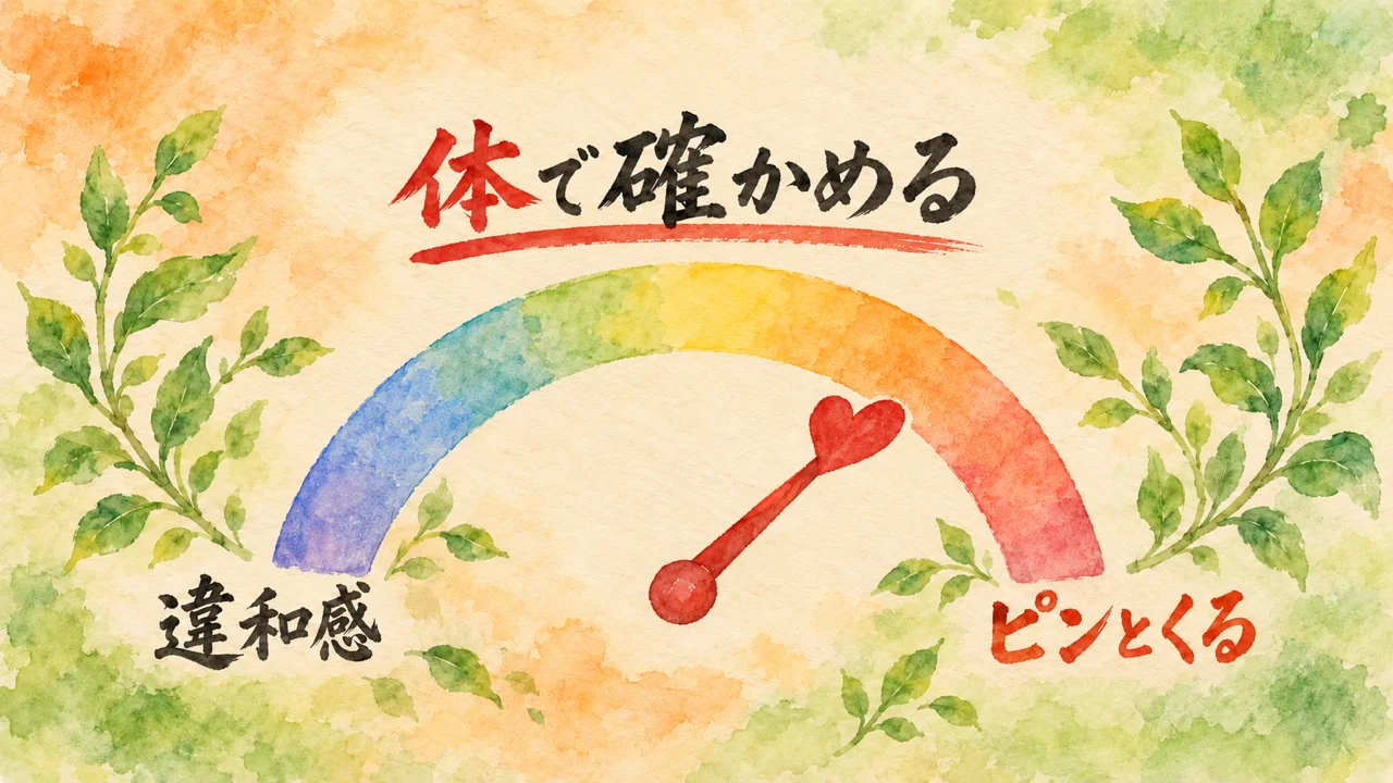 イラスト：左に「違和感」、右に「ピンとくる」と書かれた半円のメーターと、ハートの形をした針