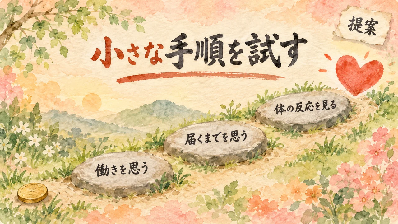 イラスト：「働きを思う」「届くまでを思う」「体の反応を見る」と書かれた三つの飛び石が、右上の大きなハートへ続く。隅のメモ紙には「提案」