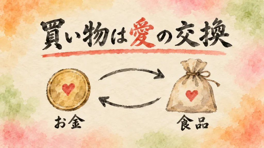 イラスト：筆文字で「買い物は愛の交換」。左のハートが入ったコイン「お金」と、右のハートが入った小袋「食品」を、行きと帰りの二本の矢印が結んでいる