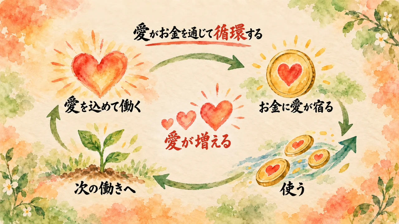 イラスト：「愛を込めて働く」「お金に愛が宿る」「使う」「次の働きへ」の四つが矢印で輪になり、真ん中に「愛が増える」と書かれた、愛がお金を通じて循環する図