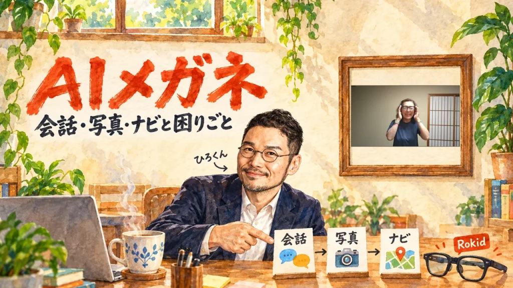 ひろくんが机の前で、会話・写真・ナビの3枚の札を指すアイキャッチ。右上の額縁に元動画のサムネイル。題字は「AIメガネ 会話・写真・ナビと困りごと」。壁に動画のサムネイル