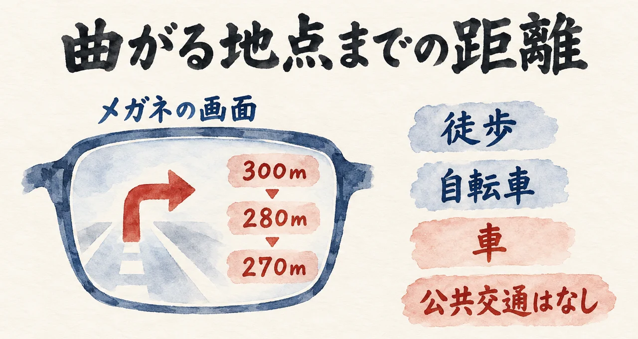 メガネの画面に曲がる矢印と「300m」「280m」「270m」の距離が出て、「徒歩」「自転車」「車」に対応し「公共交通はなし」と並べた図解