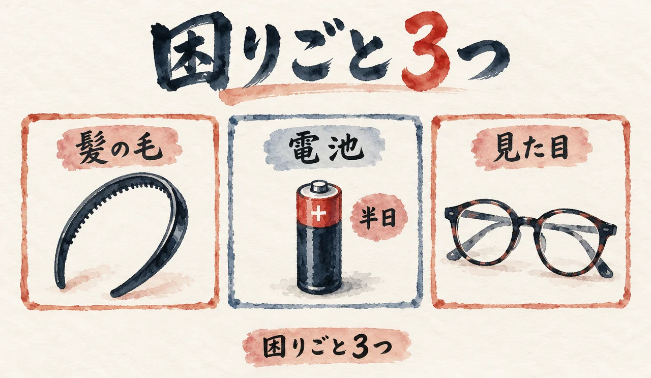 「髪の毛」「電池（半日）」「見た目」の3つの箱に分けた、困りごと3つの図解