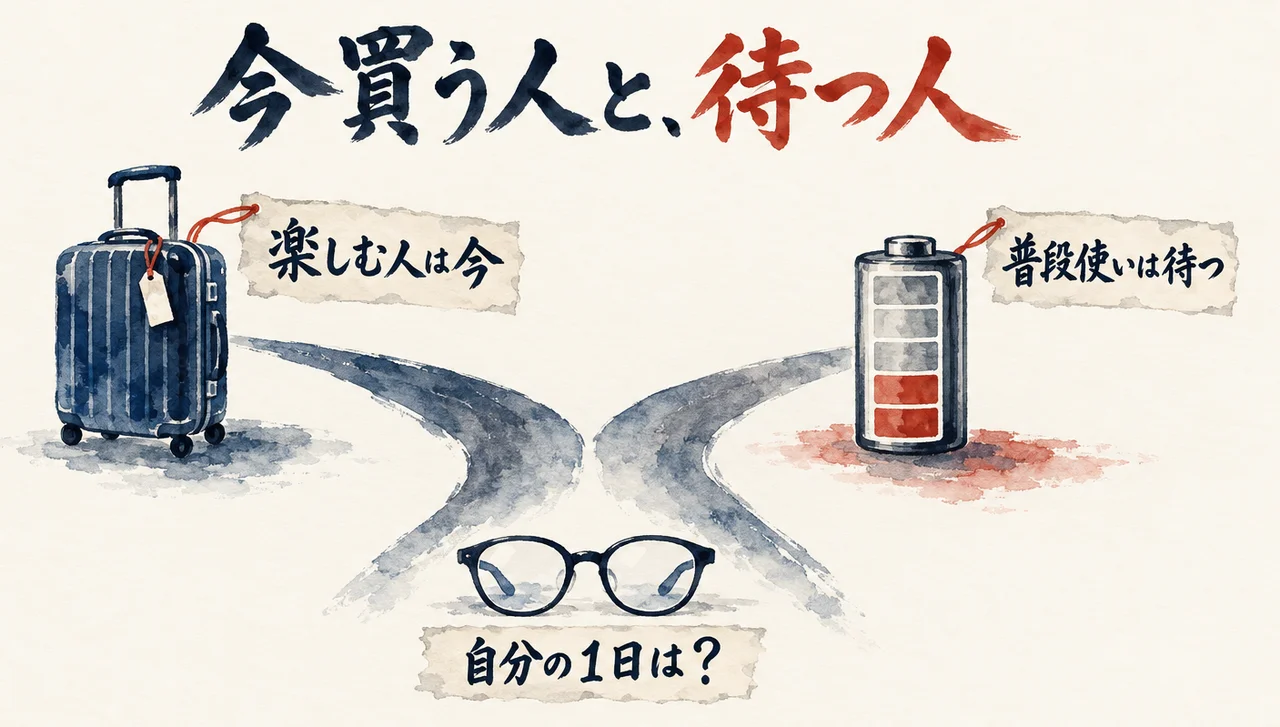 メガネの前で道が2つに分かれ、一方は「楽しむ人は今」の旅行かばん、もう一方は「普段使いは待つ」の電池に向かう図解