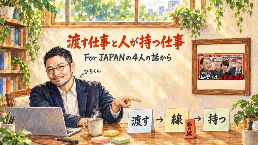 ひろくんが机の前で、「渡す」「線」「持つ」の3枚の札を指さすアイキャッチ。右上の額縁にFor JAPAN動画のサムネイル。題字は「渡す仕事と人が持つ仕事」For JAPANの4人の話から