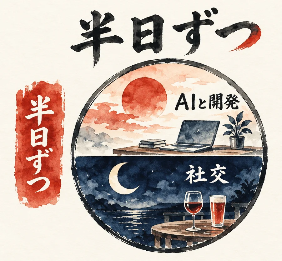 丸い図の上半分に朝の太陽とノートPC「AIと開発」、下半分に夜の月とグラス「社交」が描かれ、半日ずつの一日の分け方を示す図解