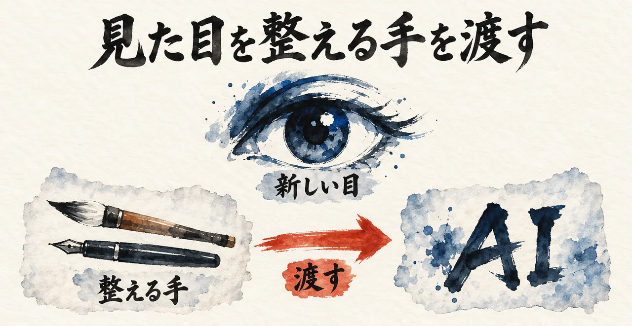 「新しい目」の絵の下で、筆とペンの「整える手」が矢印「渡す」で「AI」へ移る図解