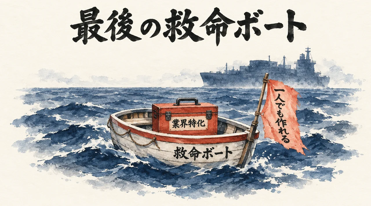 海に浮かぶ小さな「救命ボート」に「業界特化」の工具箱が載り、旗「一人でも作れる」が立つ図解