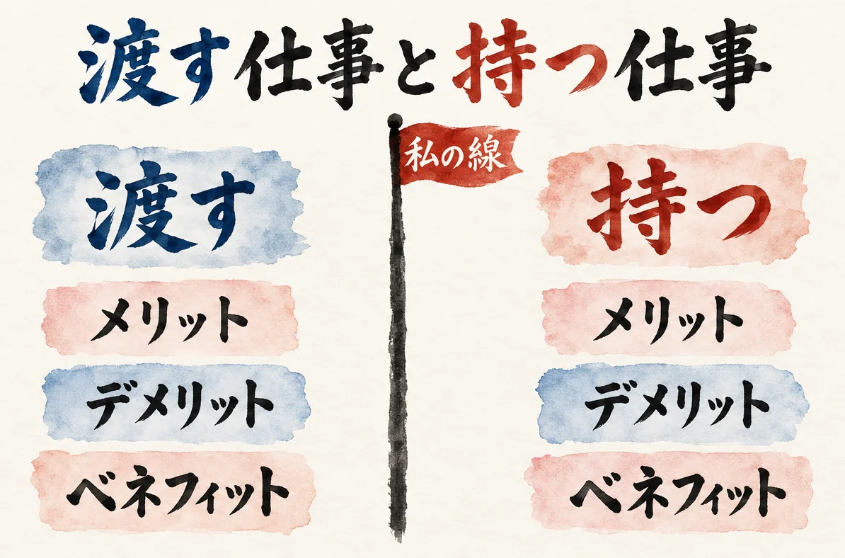 中央の線「私の線」の左に「渡す」、右に「持つ」が並び、それぞれにメリット・デメリット・ベネフィットの札が付く比較図