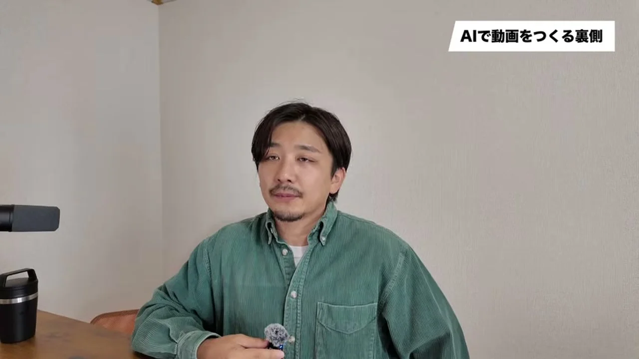 動画キャプチャ: 「AIで動画をつくる裏側」と、緑のシャツの出演者が動画の趣旨を話し始める場面（0:45頃）