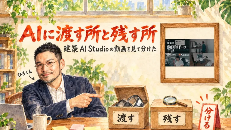ひろくんが机の上の、蓋の開いた箱と蓋の閉じた箱を指さすアイキャッチ。壁に建築 AI Studioの動画のサムネイル