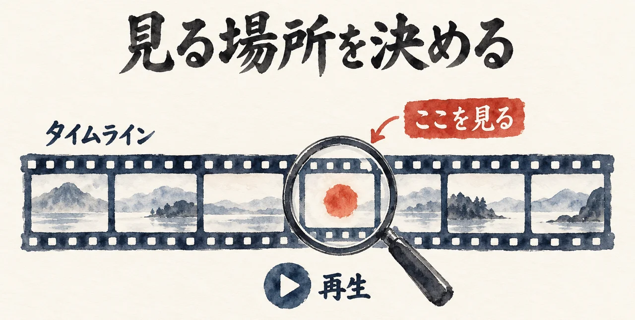 フィルムの帯のタイムラインの1か所に朱色の印が付き、虫眼鏡で「ここを見る」場所を示す図解