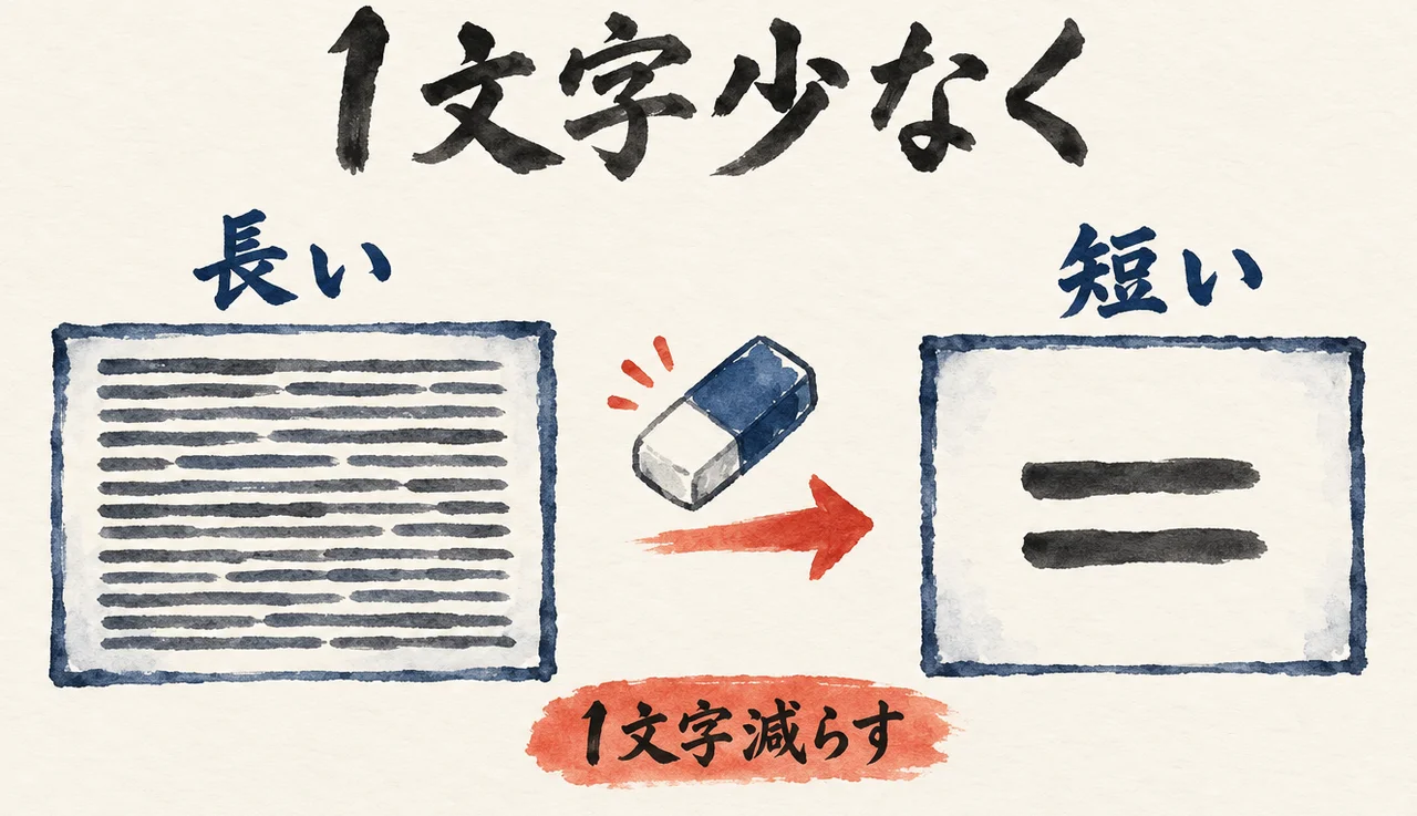 細かい文字がびっしりの「長い」枠と、短い太線2本だけの「短い」枠を並べ、「1文字減らす」の札を添えた図解