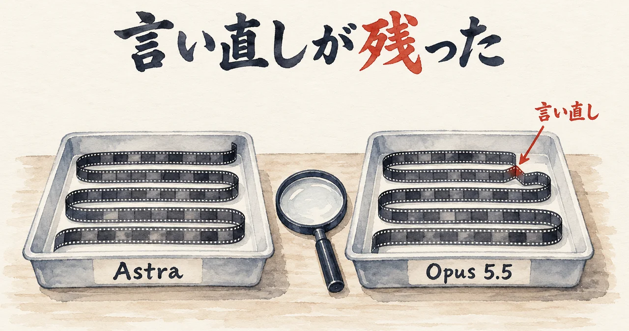 整ったフィルムの帯の「Astra」のトレイと、1か所だけ「言い直し」が残った「Opus 5.5」のトレイを虫眼鏡で見比べる図解