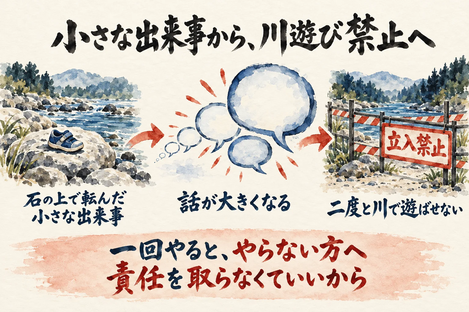 石の上で転んだ小さな出来事が話として大きくなり、川は立入禁止になる。一回やるとやらない方へ、責任を取らなくていいから、と書いた3コマの図解