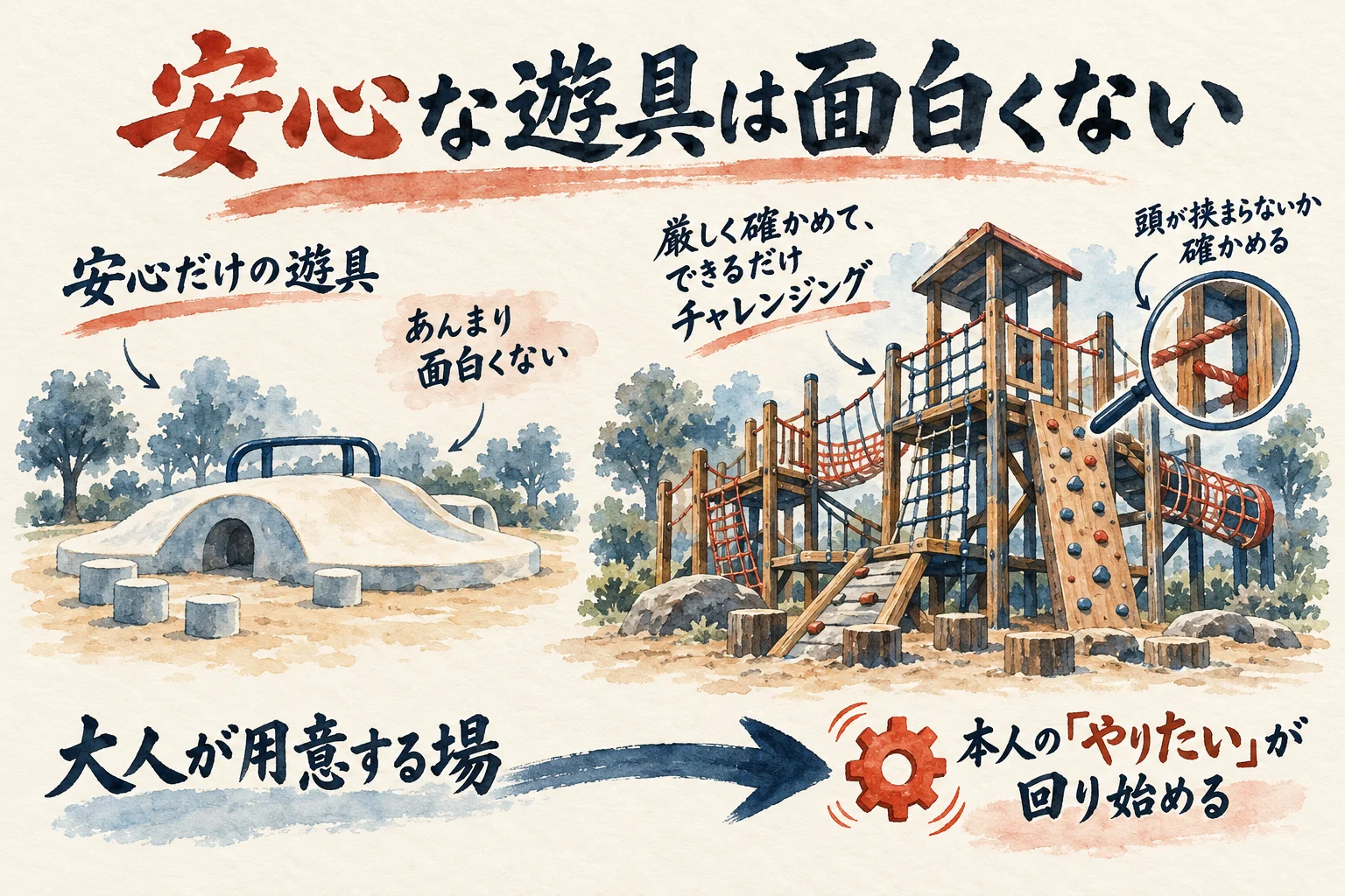 安心だけの遊具はあんまり面白くない。厳しく確かめてできるだけチャレンジングにした遊具から、本人のやりたいが回り始める、と並べた図解