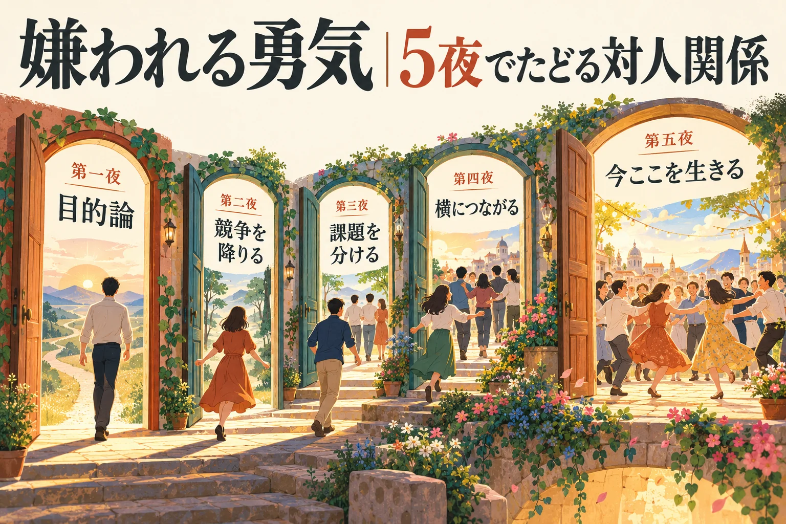 嫌われる勇気の5夜の地図。目的論、競争を降りる、課題を分ける、横につながる、今ここを生きる