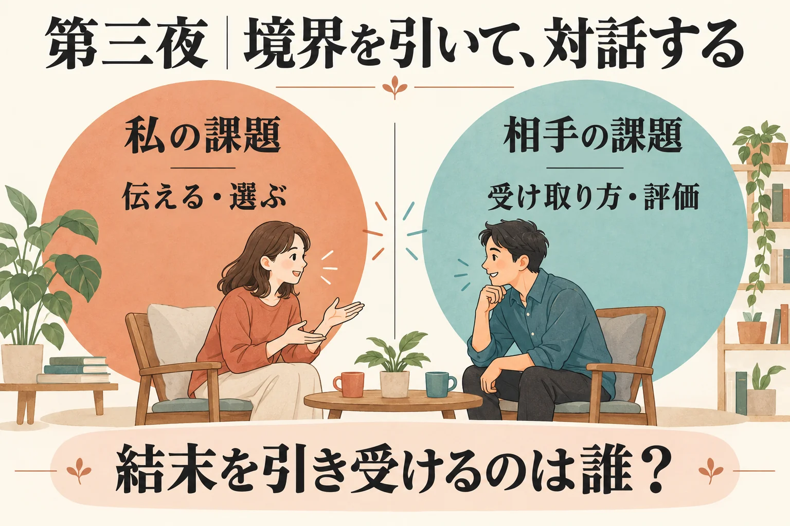 第三夜の課題の分離。自分の選択と相手の評価を分け、求められた援助はできる