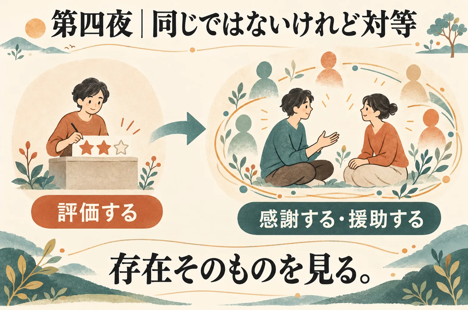 第四夜の横の関係。上から評価するのではなく、対等な関係で感謝と援助を伝える