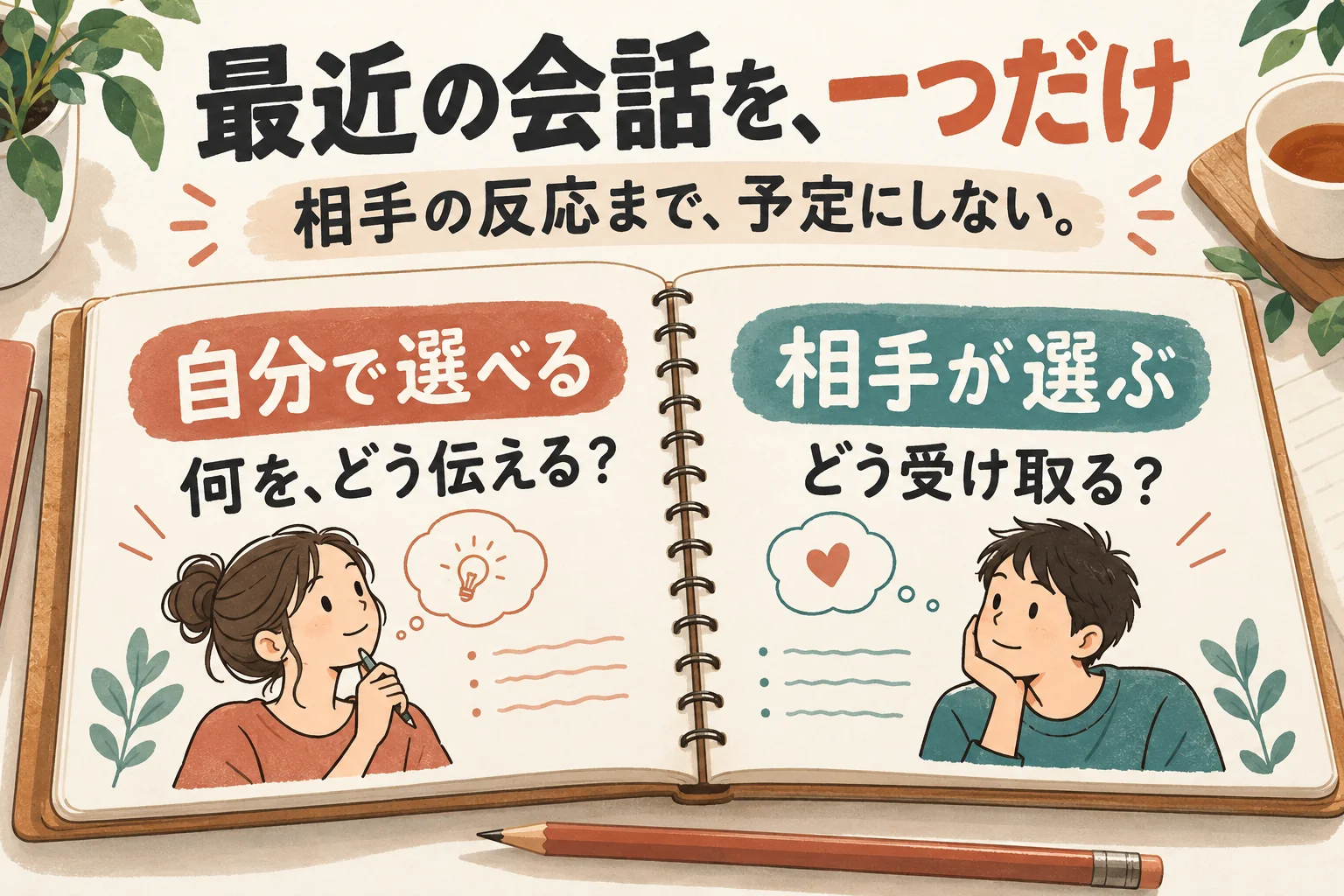 実践編。最近の会話を一つ選び、自分で変えられる言葉と相手の反応を分けて書く