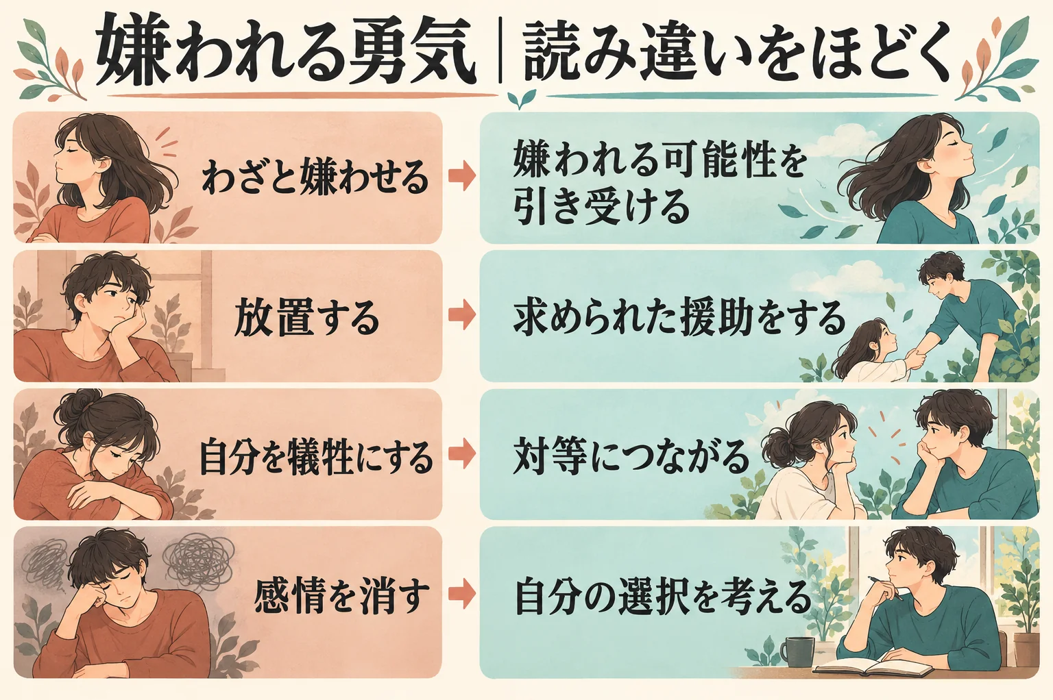 嫌われる勇気の読み違い。嫌わせること・放置・自己犠牲・感情を消すことを求める本ではない