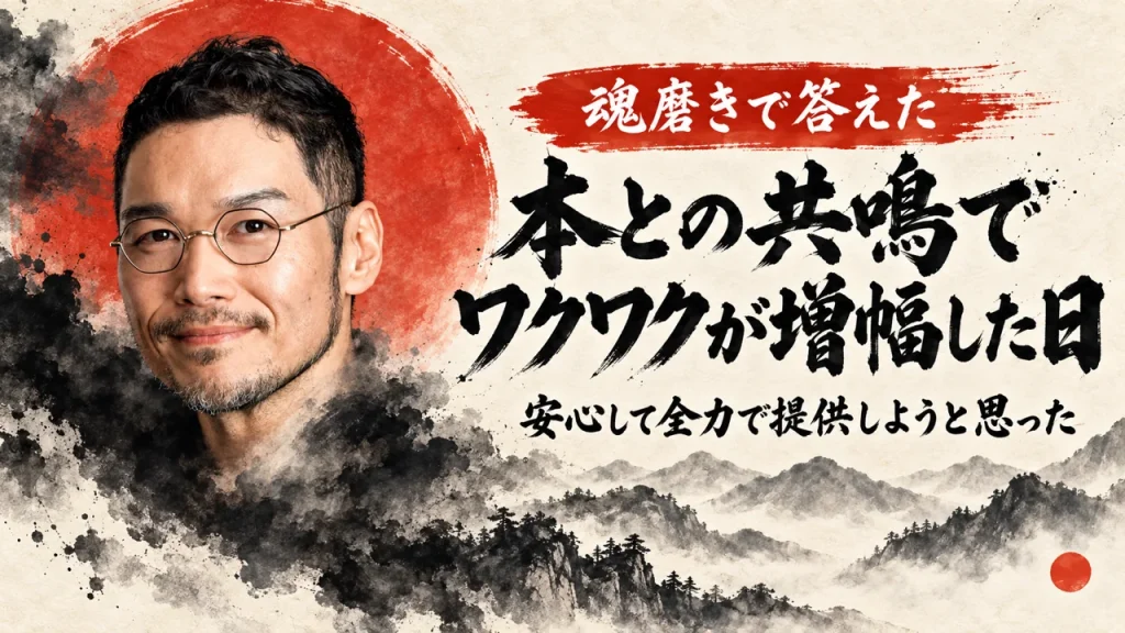 朱の太陽と墨絵の山並みを背景に、私のポートレートと、筆文字のタイトル「本との共鳴でワクワクが増幅した日」、小さな筆文字「安心して全力で提供しようと思った」「魂磨きで答えた」を重ねたカバー画像（AI生成。実際の服装や場面を示すものではありません）