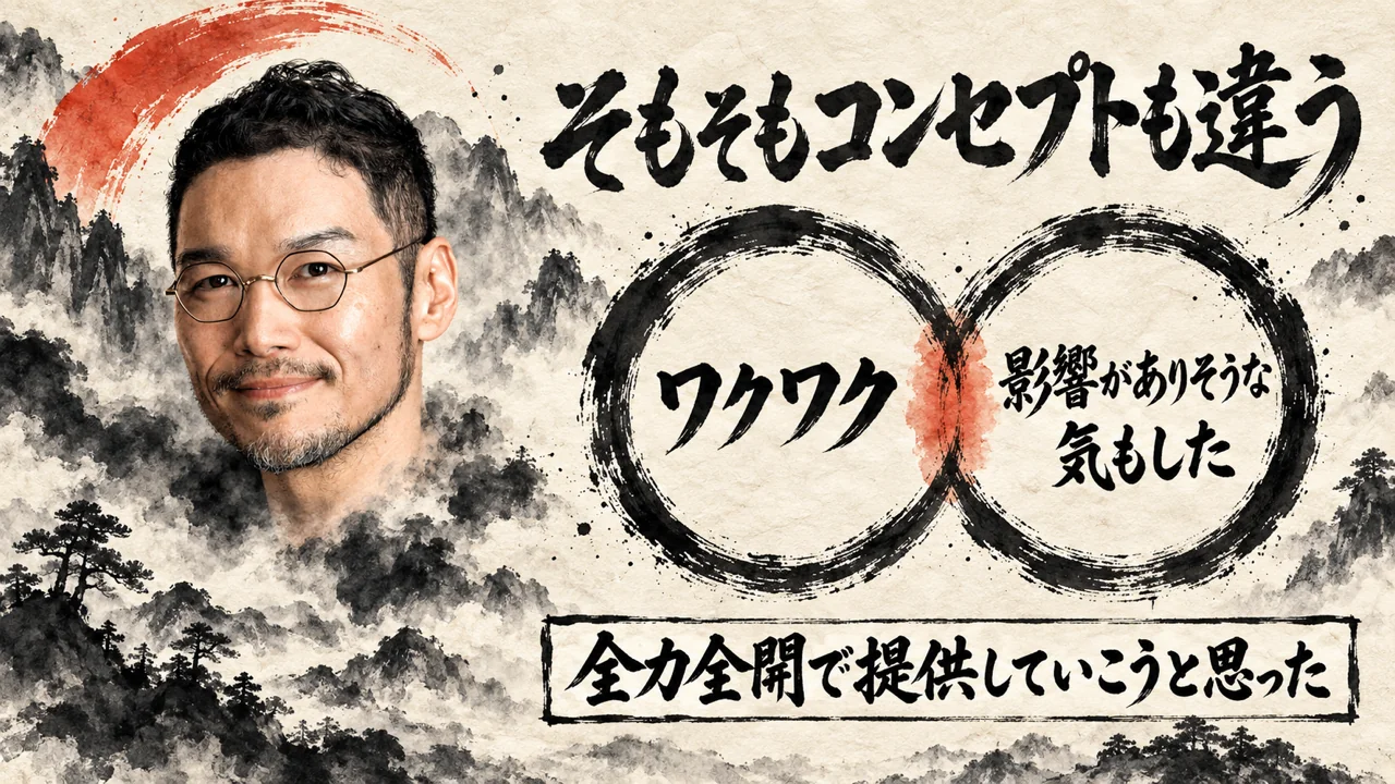 霧の山並みの中に私の顔と首が現れ、右に大きな筆文字の題「そもそもコンセプトも違う」と、少し重なった二つの墨の円を描いた図（AI生成。実際の服装や場面を示すものではありません）。左の円に「ワクワク」、右の円に「影響がありそうな気もした」、二つの円が重なる所は朱色。下の枠は「全力全開で提供していこうと思った」