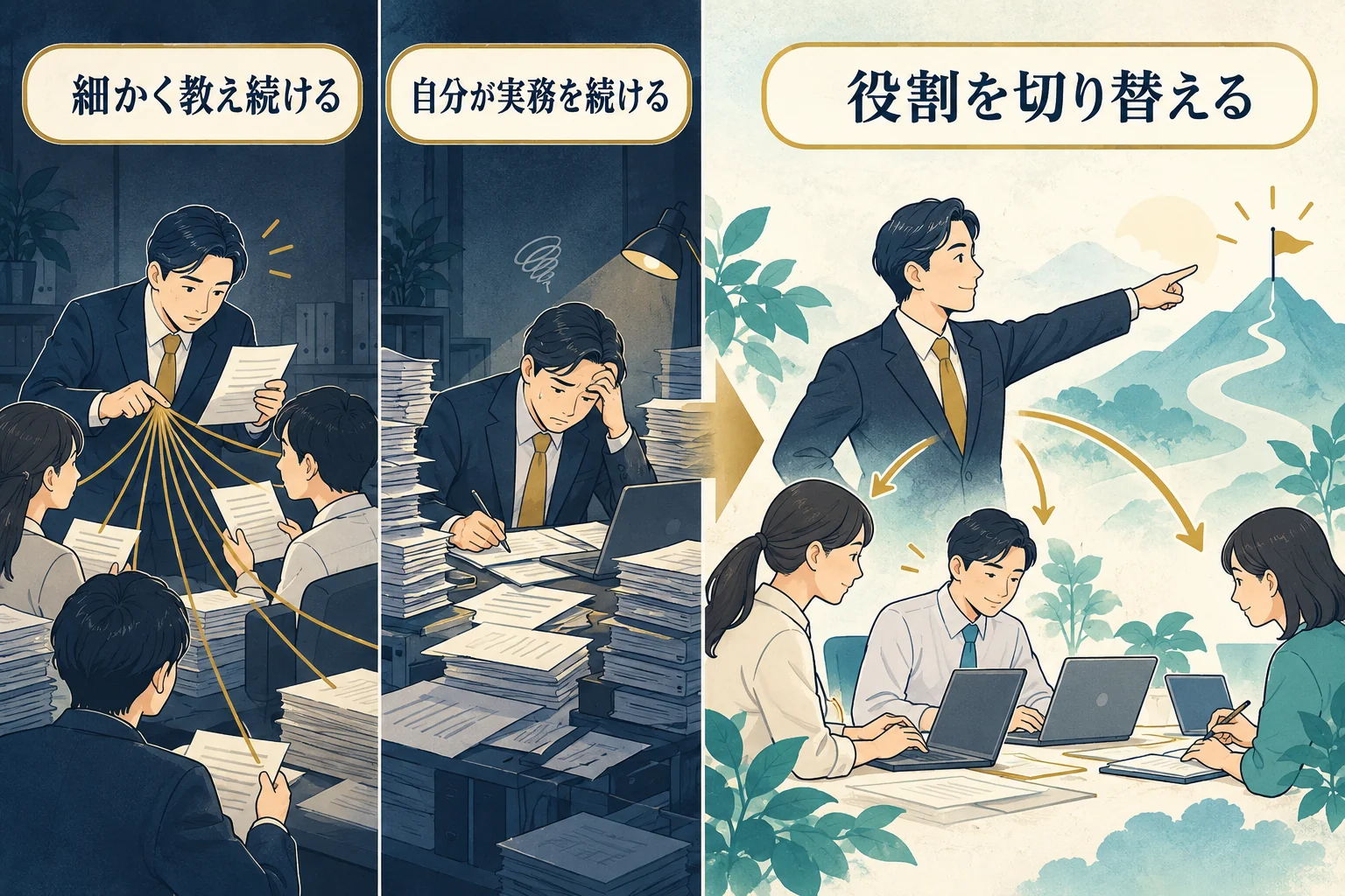 はじめにで示される、細かく教え続ける人と実務を続ける人の失敗を見返し、役割の切り替えを考える図