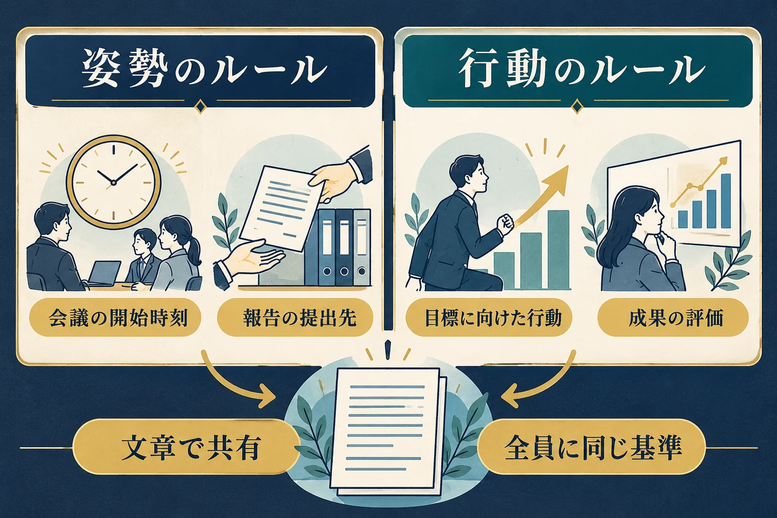 姿勢のルールと成果につながる行動のルールを分け、守る内容を文章で共有する