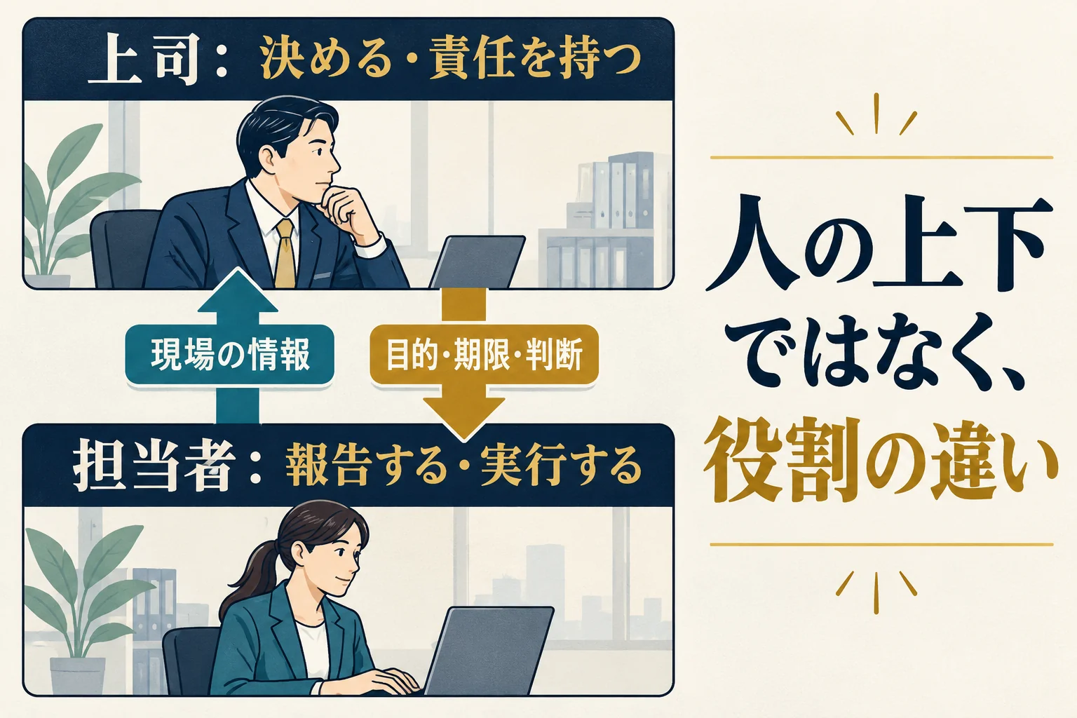 担当者が情報を伝え、上司が決め、担当者が動く仕事の責任と情報の流れ